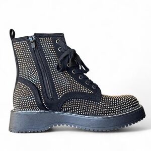 Steve Madden Rhinestone Embellished Black Lace-Up Combat Boots, Womens 6.5 EUC